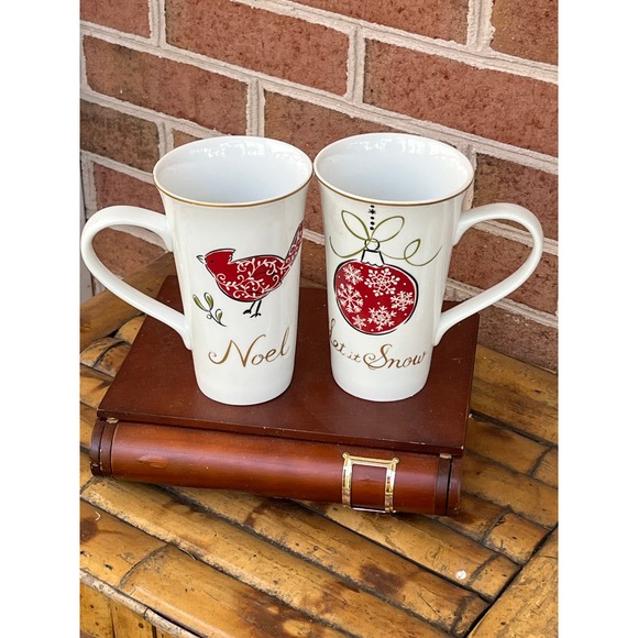 Pair 222 Fifth NATALA Tall Coffee Mug Christmas  Latte Mug Holiday Tidings - Picture 1 of 5